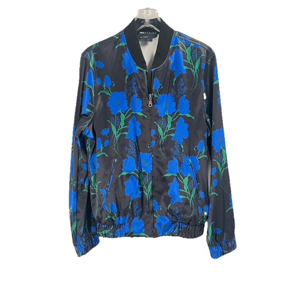 Asos Blue Black Floral Satin Bomber Jacket Dark Romantic Sz Mens XS